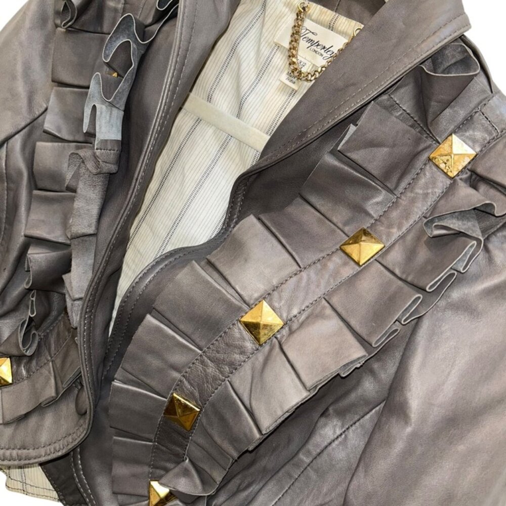 Temperley of London gray leather ruffle studs detail jacket 8 - Picture 5 of 5